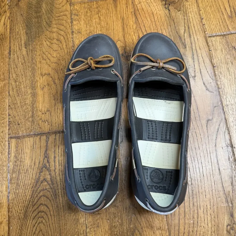 CROCS Womens 9 Beach Line Slip-On Boat Shoe Loafer Brown/White Nautical Comfort - Picture 4 of 5